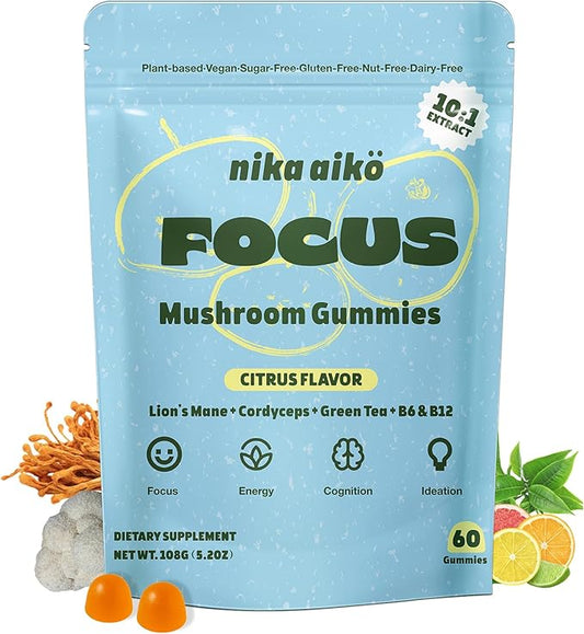Focus Mushroom Gummies, Boost Brain Health, Productivity, Mental Clarity, Sugar-Free, Gluten-Free, Vegan with Lion’s Mane, Cordyceps, Green Tea & Multivitamin, Citrus Flavor, 60 Count