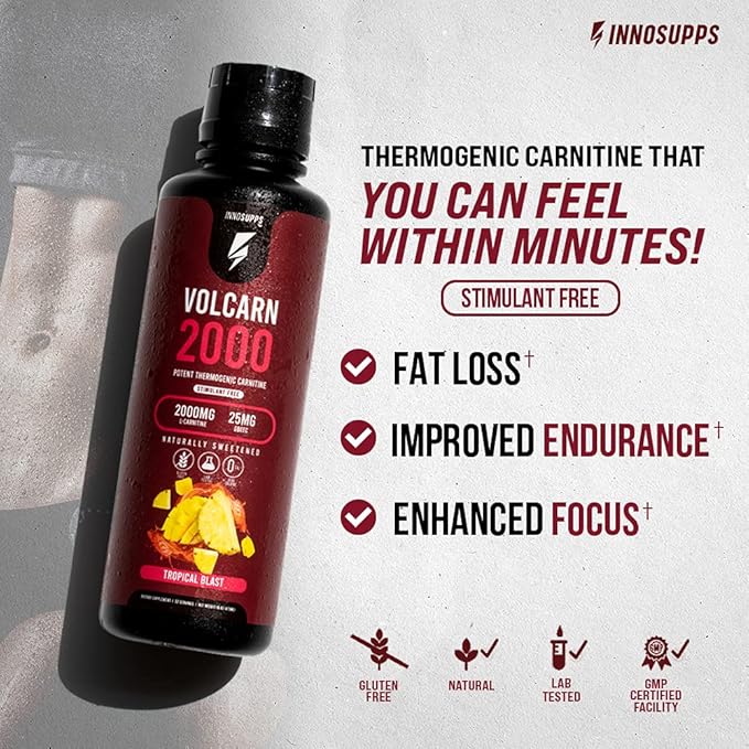InnoSupps Volcarn 2000 - L-CARNITINE Advanced Energy Liquid | ATP Enhancer with GBEEC | Boosts Energy, Enhances Focus, Caffeine Free, No Artificial Sweeteners | 32 Servings (Sour Kids Candy)