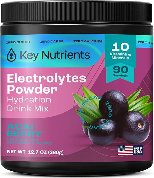 KEY NUTRIENTS Multivitamin Electrolytes Powder No Sugar - Fruity Acai Berry Electrolyte Powder - Endurance & Energy Supplement - Hydration Powder - No Calories - 90 Servings - Made in USA