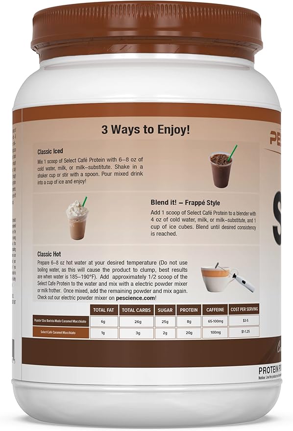 PEScience Select Cafe Protein, Caramel Macchiato, 20 Servings, Coffee Flavored Whey and Casein Blend with Caffeine