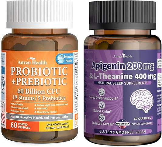 Apigenin 200mg with L-Theanine 400mg + 60 Billion Probiotics - Ultimate Relaxation, Gut & Immune Support Bundle | Vegan, Non-GMO, Zero Fillers丨60 Veggie Caps Each