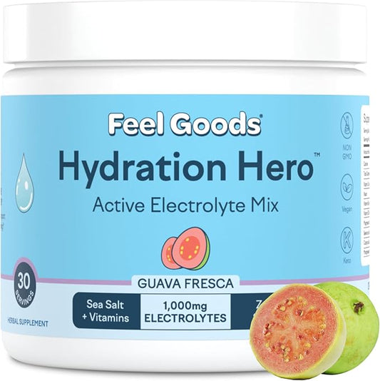 Feel Goods Hydration Hero, 1,000mg Electrolytes Powder, Sugar Free, Magnesium, Organic Aloe Vera, Organic Aloe, L Theanine, Vitamin C & B12, Non GMO, Keto, Vegan | Guava Fresca, 30 Servings