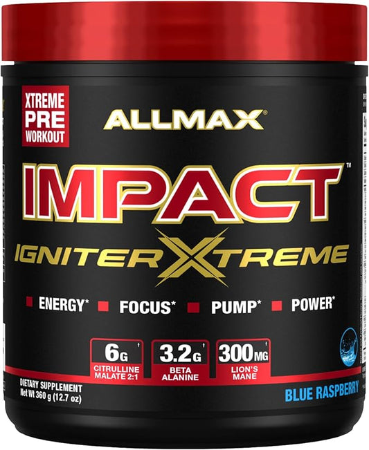ALLMAX Nutrition - Impact Igniter Extreme Pre Workout Powder - with Citrulline Malate, Beta - Alanine, Caffeine, Taurine, and, Betaine anhydrous (Blue Raspberry)