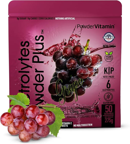 Electrolytes Powder Plus (50 Servings) Grape Electrolyte Powder Zero Calorie Keto, 0 Sugar, No Maltodextrin,1000mg Potassium,120mg Calcium,120mg Magnesium, Hydration Powder
