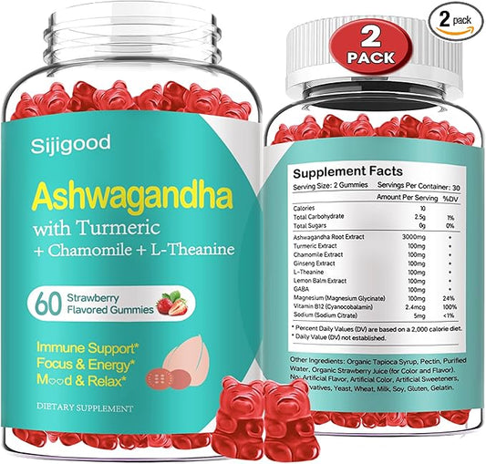 2 Pack Ashwagandha Gummies with L-theanine, Ashwa Root Supplement Gummy for Women Men, 120 Strawberry Flavored Gummies