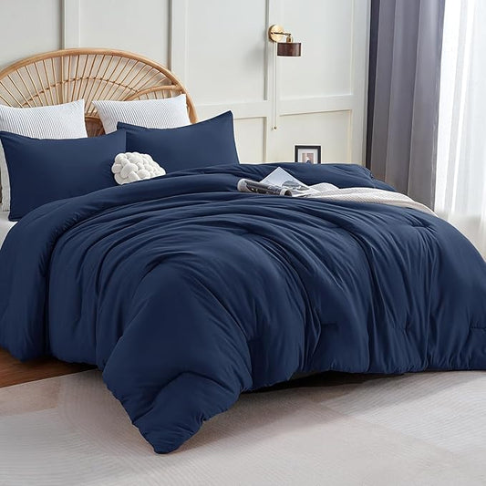 CozyLux Navy Blue Comforter Set Full Size, 3 Pieces Solid Breathable Quilted Style Bedding Sets, Luxury Fluffy Soft Microfiber Comforter for All Season (1 Comforter & 2 Pillowcases)