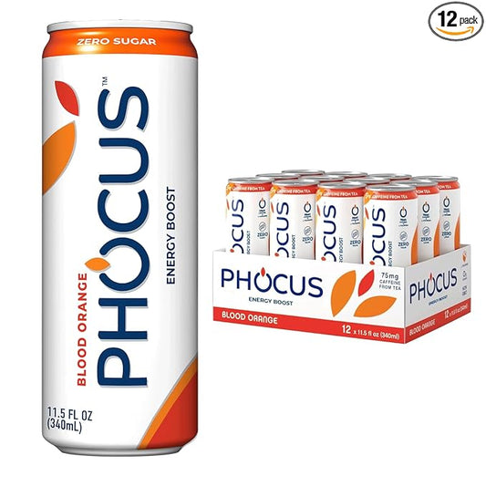 PHOCUS Energy Drink, Blood Orange Sparkling Water, 75mg Natural Caffeine Plus L-Theanine, Zero Sugar, Zero Calories, No Artificial Sweeteners, 11.5 fl oz Cans (Pack of 12)
