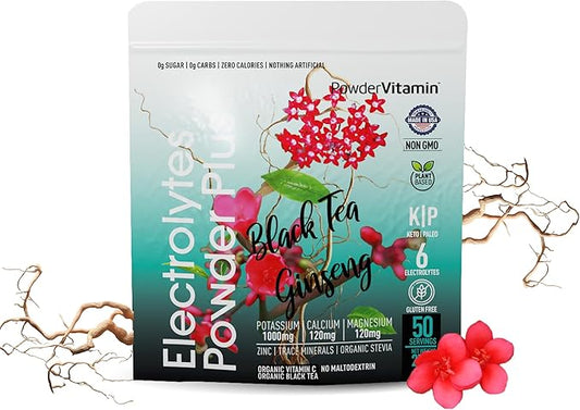 Electrolytes Powder Plus (50 Servings) Black Tea Ginseng Electrolyte Powder Keto, Sugar Free, Pink Himalayan Salt,1000mg Potassium,120mg Calcium,120mg Magnesium, Hydration Powder