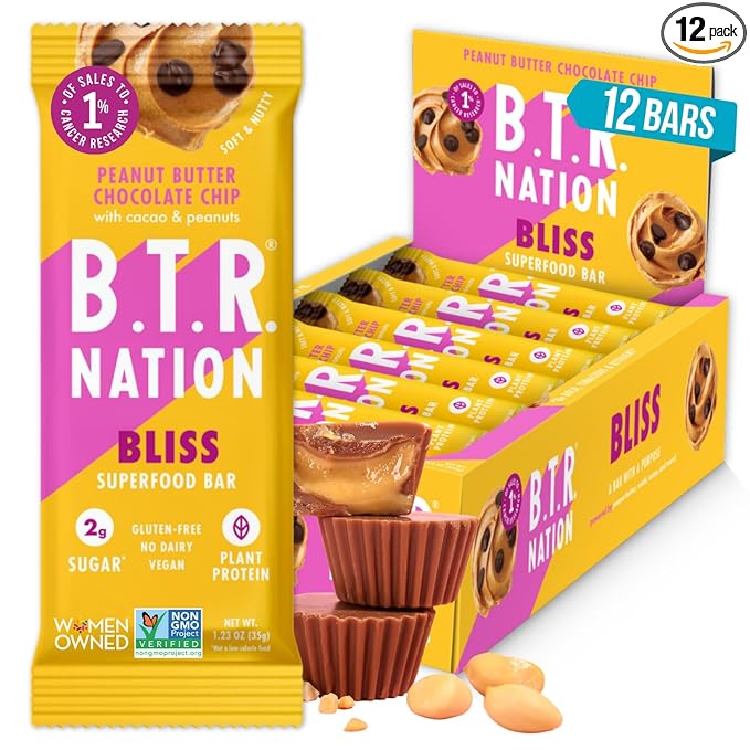 B.T.R. Nation Vegan Keto Superfood Protein Bars - Peanut Butter Chocolate Chip BLISS | (12) Bars | Low Carb, Plant Based, Gluten Free, Free of Sugar Alcohols & Boosted with Powerful Superfoods!