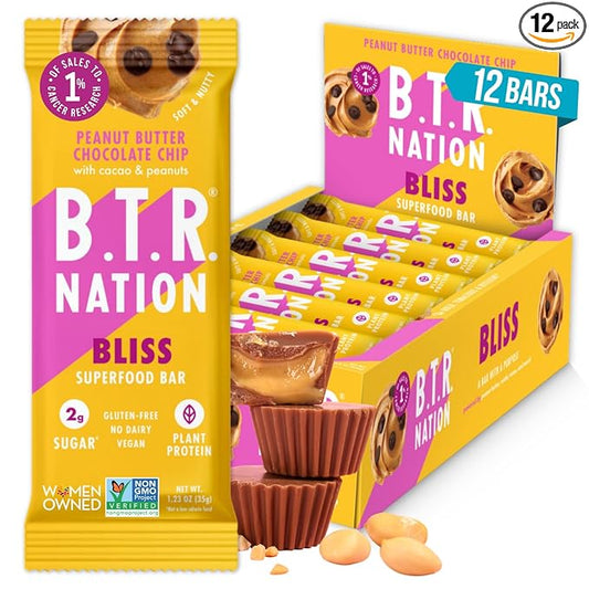 B.T.R. Nation Vegan Keto Superfood Protein Bars - Peanut Butter Chocolate Chip BLISS | (12) Bars | Low Carb, Plant Based, Gluten Free, Free of Sugar Alcohols & Boosted with Powerful Superfoods!
