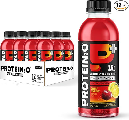 Protein2o 15g Whey Protein Isolate Hydration Drink Plus Energy & Focus, 350mg of Electrolytes, 125mg of Caffeine, Sugar Free, Cherry Lemonade, 16.9 oz Bottle (Pack of 12)