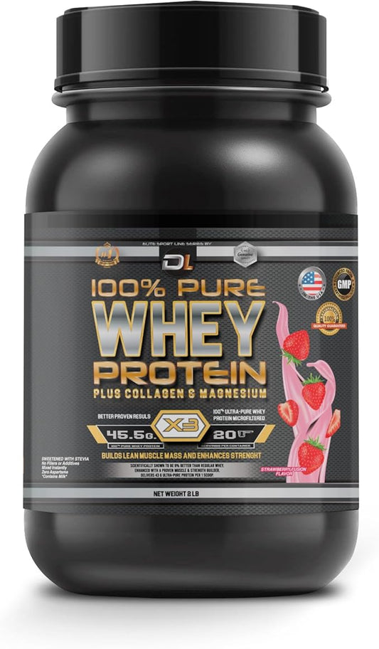DL 100% Pure Whey Protein Powder + Collagen & Magnesium | 43g Protein – 8.7g BCAA – 0g Fat | Muscle Gain, Recovery & Nutrient Delivery | Immune Support | Quick & Easy Mixing Protein Powder | 2 lb