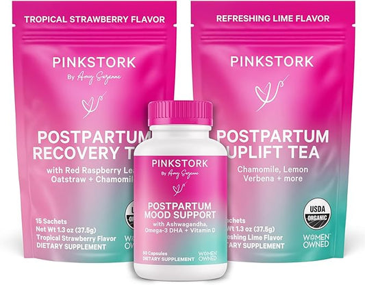 Pink Stork Postpartum Essentials for Hormone Balance, Recovery, and Mood Support for Women - Postnatal Vitamins with Ashwagandha, Raspberry Leaf Tea, and Chamomile Tea - Gifts for New Mom - Set of 3