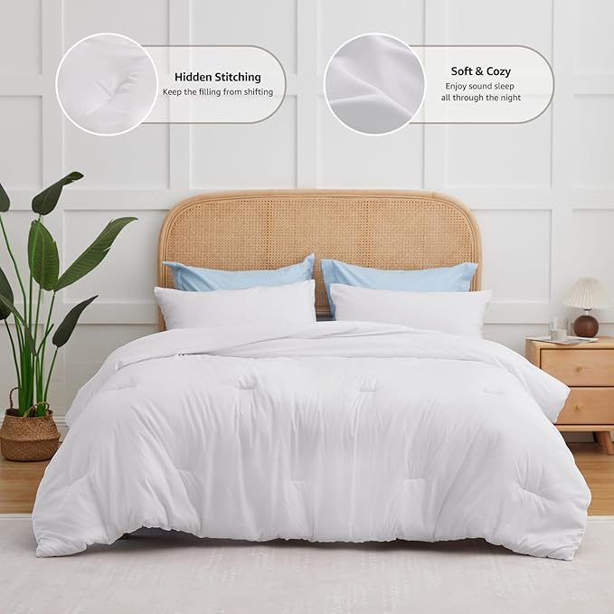 CozyLux White Comforter Set Full Size, 3 Pieces Solid Breathable Quilted Boho Style Bedding Sets, Luxury Fluffy Soft Microfiber Comforter for All Season(1 Comforter & 2 Pillowcases)