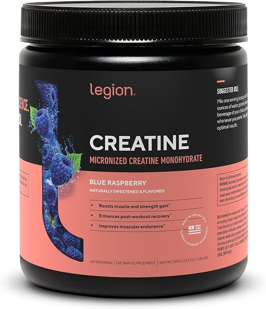LEGION Micronized Creatine Monohydrate Supplement - Clean Creatine Powder for Muscle Gain & Post Workout Recovery - Micronized Creatine Supplement for Maximum Absorption (60 Servings, Blue Raspberry)