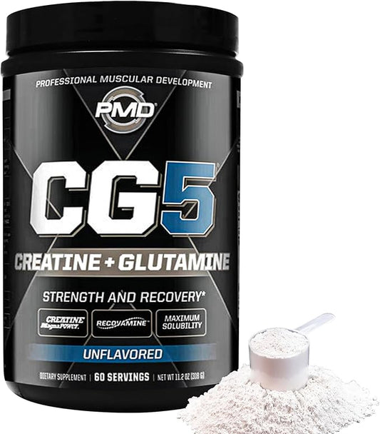 PMD Sports CG5 Premium Creatine & L Glutamine Powder, Power Recovery, Build Lean Muscle, Increase Workout Performance, Maximum Strength Pre Workout & Post Workout, Unflavored, 60 Servings