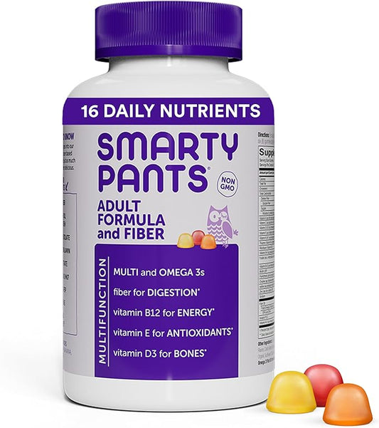 SmartyPants Fiber Supplement & Multivitamin for Men & Women: Multivitamin Fiber Gummies with Vitamin D3, C, Vitamin B12, B6, A, K & Zinc, Omega 3 Fish Oil (EPA/DHA), Biotin, 180 Count (30 Day Supply)