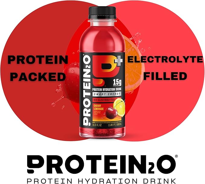 Protein2o 15g Whey Protein Isolate Hydration Drink Plus Energy & Focus, 350mg of Electrolytes, 125mg of Caffeine, Sugar Free, Cherry Lemonade, 16.9 oz Bottle (Pack of 12)