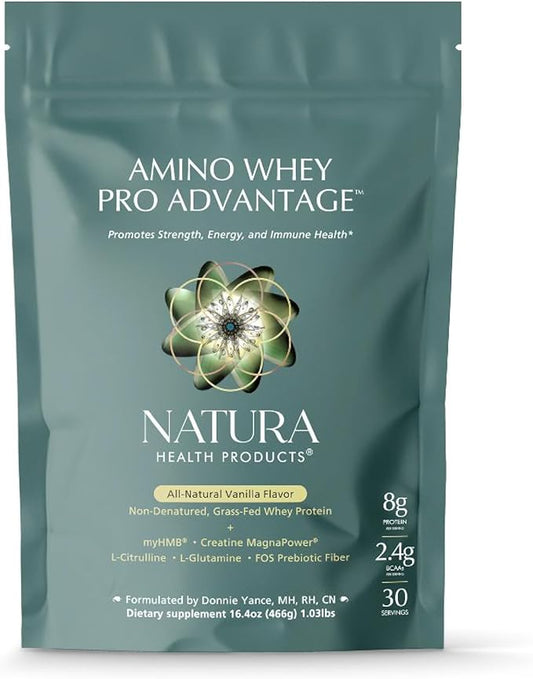 Natura Health Products Amino Whey Pro Advantage™ - Grass-Fed Whey Protein with HMB, Creatine, L-Glutamine. Clean Ingredients for Muscle Growth, Recovery (8 Grams of Protein per Scoop - 30 Servings)