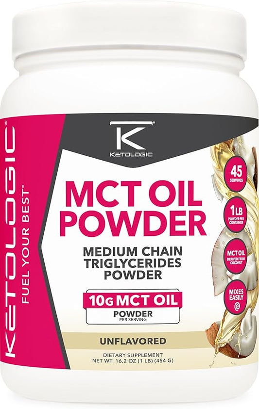 Ketologic MCT Oil Powder (1 LB) (Unflavored) - 45 Servings, Medium Chain Triglycerides Powder Supplement