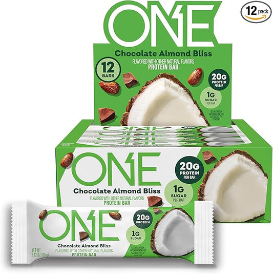 ONE Protein Bars, Chocolate Almond Bliss, Gluten Free with 20g Protein and 1g Sugar, Pantry Staples, 2.12 oz (12 Pack), Packaging May Vary