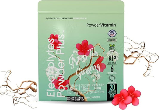 Electrolytes Powder Plus (20 Servings) Green Tea Ginseng Electrolyte Powder Keto, Sugar Free, Pink Himalayan Salt,1000mg Potassium,120mg Calcium,120mg Magnesium, Hydration Powder
