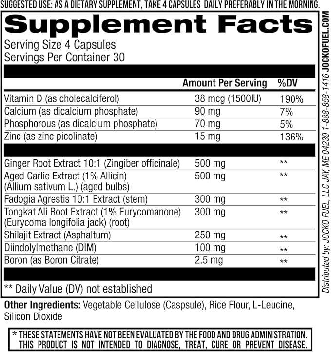 Jocko Fuel Test Booster for Men - Natural Endurance, Stamina, & Strength Booster - Muscle Builder for Men & Nitric Oxide Support with Ginger Root, Shilajit, & Tongkat Ali, 120ct (30 Servings)