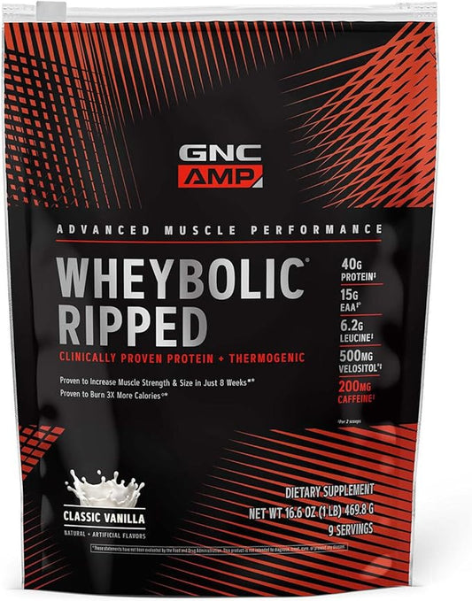 GNC AMP Wheybolic Ripped Protein Powder & Thermogenic Protein Supplement, Muscle Strength & Size, Energy & Endurance, 40g Protein, 6.2g Leucine, 15g EAA, Caffeine, Classic Vanilla, 9 Servings