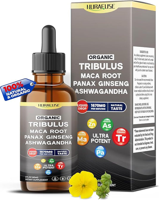Organic Tribulus, Maca Root, Panax Ginseng, Ashwagandha Liquid Drops – 1670mg per Serving, Ultra Potent, Natural Taste, USA Made & Lab Tested – 2 FL OZ (60ml)