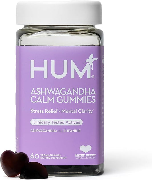 HUM Ashwagandha Calm- L-Theanine & Ashwagandha for Daily Relaxation & Mood Support - Mixed Berry Flavor (60-Count)