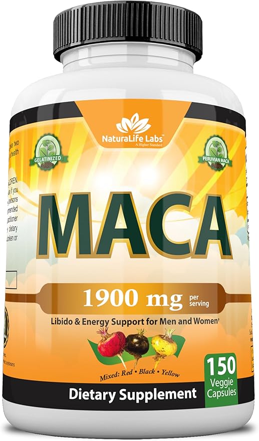 Organic Maca Root Black, Red, Yellow 1900 MG per Serving - 150 Vegan Capsules Peruvian Maca Root Gelatinized 100% Pure Non-GMO Supports Reproductive Health Natural Energizer