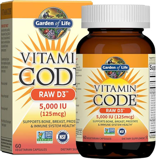 Garden of Life Vitamin D, Vitamin Code Raw D3, Vitamin D 5,000 IU, Raw Whole Food Supplements with Chlorella, Fruit, Veggies & Probiotics for Bone & Immune Health, 60 Vegetarian Capsules