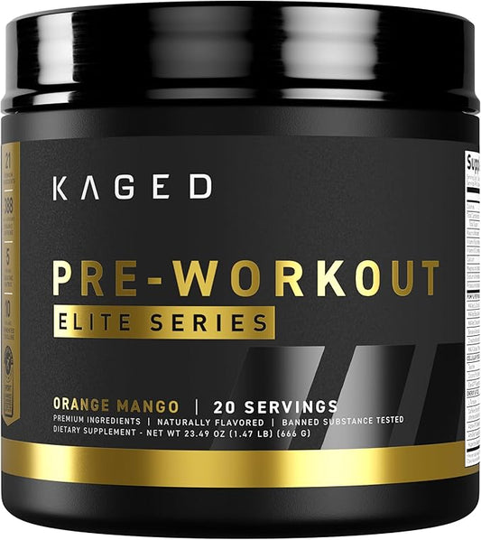Kaged Pre Workout Powder Pre-Workout Elite for Men & Women, High Stimulant for Energy, Focus, Pumps, L-Citrulline, Beta Alanine, Creatine & 388mg of Organic Caffeine, Orange Mango