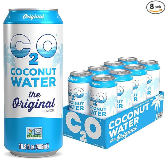 C2O - Coconut Water, The Original Flavor (8 Pack) - Made with Fresh Coconut Water - Plant Based - Non GMO - Canned Water - Natural Hydration, Essential Electrolytes, & Potassium - 8 Cans, 16.3 FL OZ