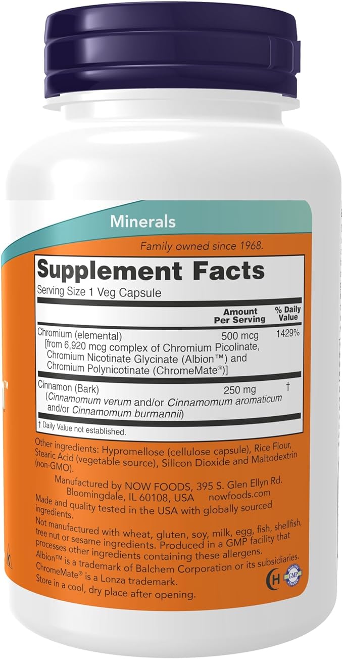 NOW Supplements, Tri-Chromium™ 500 mcg with Cinnamon, Insulin Co-Factor*, 180 Veg Capsules