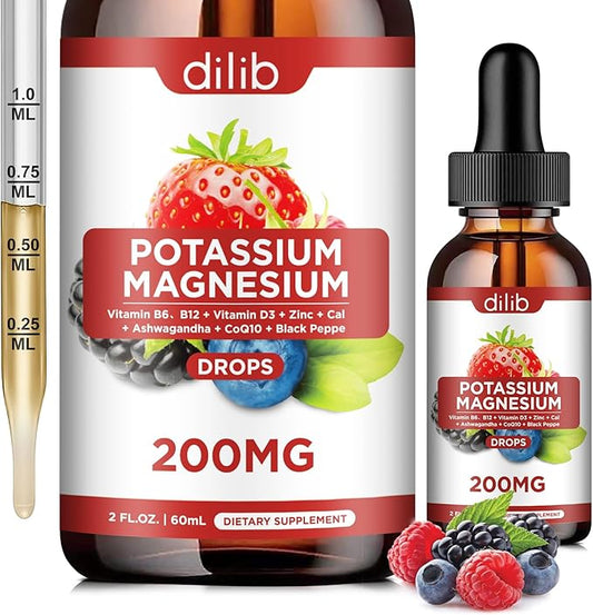 Potassium Magnesium Citrate Supplement, Liquid Magnesium Citrate Drops 200mg with Ashwagandha, Calcium, Zinc, Vitamin D3, B6, B12, CoQ10 - Vegan 2 fl oz Mix Berry Flavor