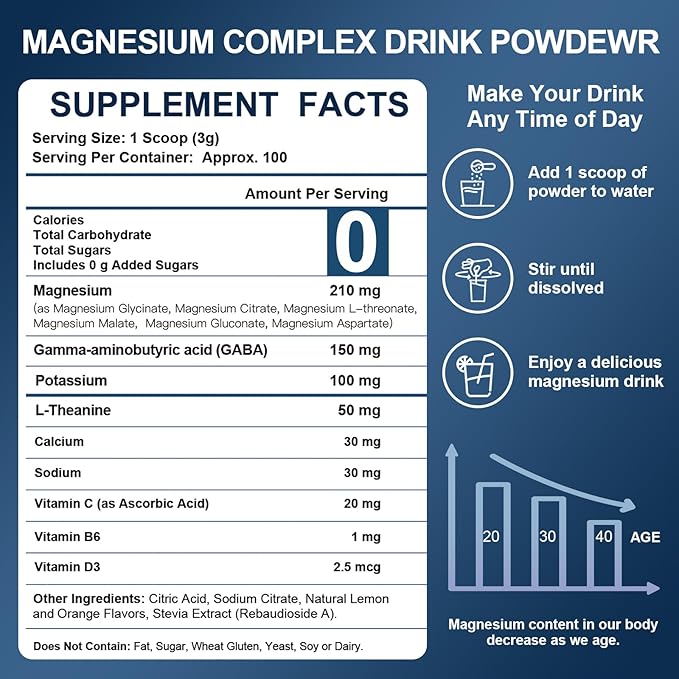 NATURE TARGET Magnesium Powder Supplement with Glycinate, Citrate, Malate, Magnesium Complex with L-Theanine & Vitamin B6 for Muscle, Heart & Brain, Vegan, 10.58 oz (100 Servings), Lemon Orange Flavor