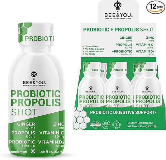 Bee and You Propolis Immune Shot, Probiotic, Vitamin C, Vitamin D3, Zinc, Ginger, Immune Support, Gut Health, Digestive Health, Bioactive 1.69 Fl. oz, 12 Pack