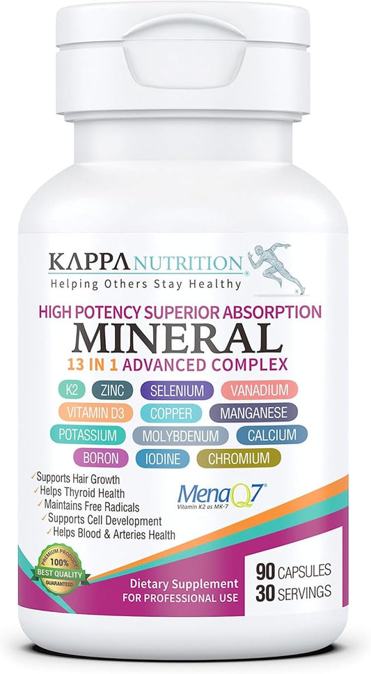 KAPPA NUTRITION (90 Capsules,Vitamin K2, Vitamin D3, Zinc, Selenium, Vanadium, Copper, Manganese, Potassium, Molybdenum, Calcium, Chromium, Iodine, Boron, Mineral 13 in 1 Advanced Complex, from