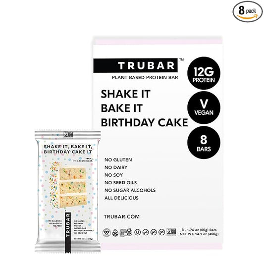 TRUBAR Vegan Protein Bar, Shake it Bake it Birthday Cake it, Gluten Free, Plant Based Protein, Dairy Free, Non GMO, Soy Free, No Sugar Alcohols, 12G Protein, 12G Fiber, 23G Carb, On the Go Snack Bars, 8ct