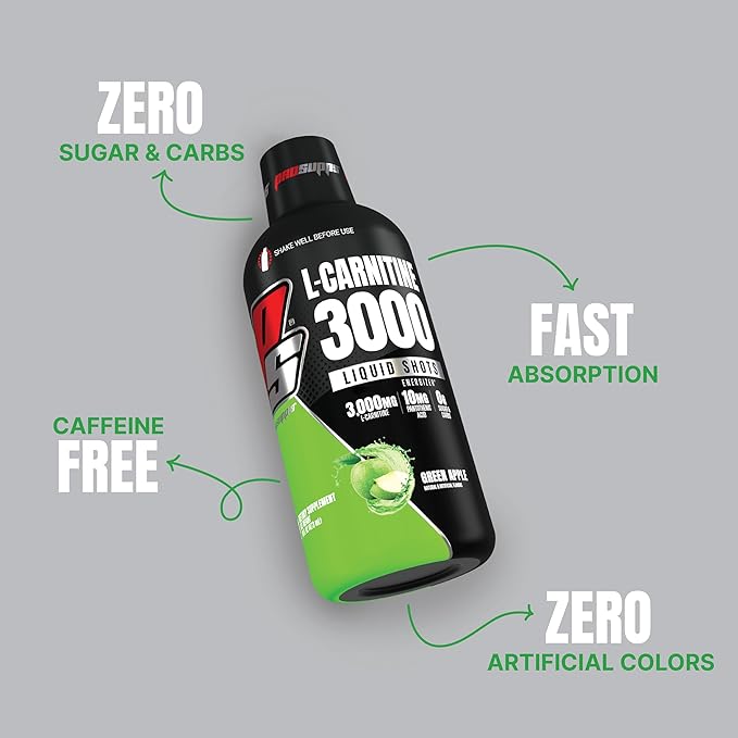 PROSUPPS L-Carnitine Liquid 3000, Stimulant-Free Liquid Shots for Men & Women - Clean Workout Drink for Energy, Performance & Muscle Recovery - No Sugar, No Carbs - 31 Servings, Green Apple