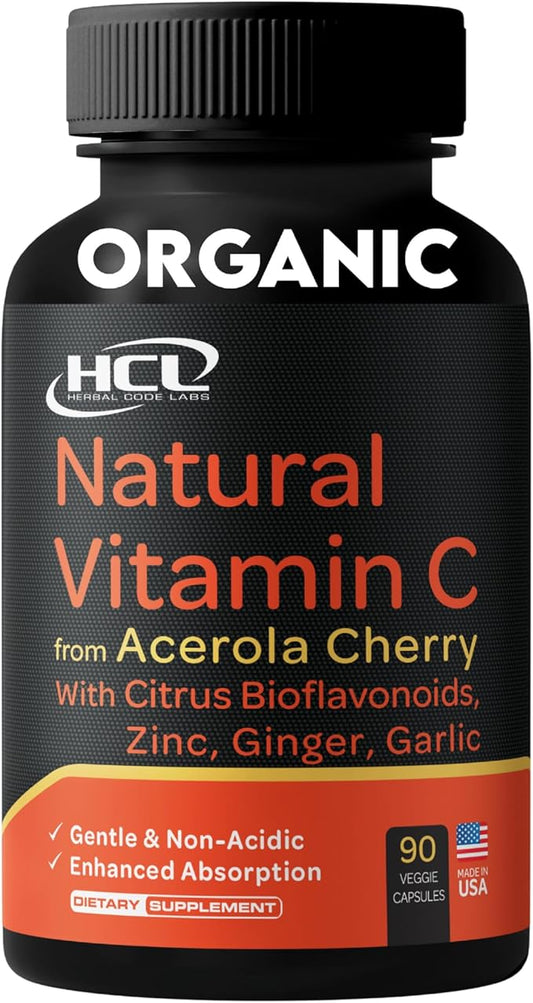 Natural Vitamin C from Organic Acerola Cherry - High Absorption - with Garlic Ginger & Citrus Bioflavonoids - Immune System & Collagen Booster - Anti Aging Skin Vitamins