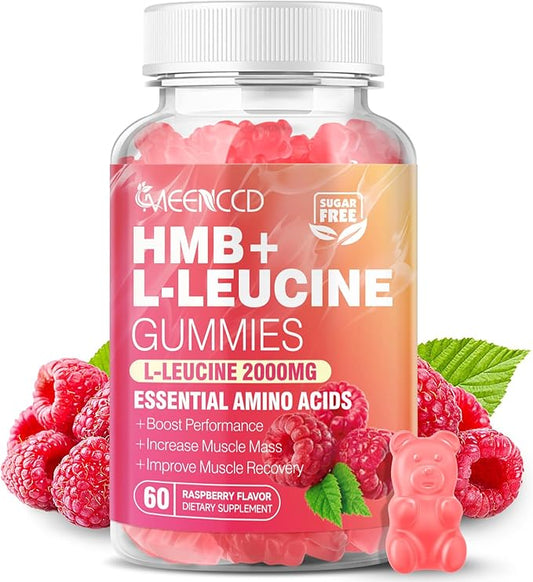 HMB and L-Leucine Gummies, 3000mg HMB and Leucine Amino Acid for Muscle Growth, Muscle Mass, Muscle Relief, and Fast Workout Recovery, for Men & Women, Sugar-Free, Raspberry Flavor, 60 Count