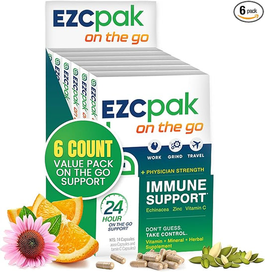 EZC Pak On The Go Immune System Booster with Echinacea, Vitamin C, Zinc, Immune Support Supplement, Immunity Vitamins for Adults, Travel-Friendly Packaging, Vegetarian, Gluten-Free - Pack of 6