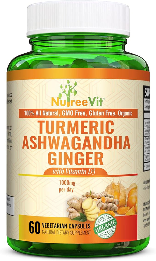 Organic Turmeric Ashwagandha Ginger Vitamin D3-60 Capsules - Extra Strength Ashwagandha Root Turmeric Supplement Immune Support - Ashwagandha Supplements with Natural Ginger and Turmeric