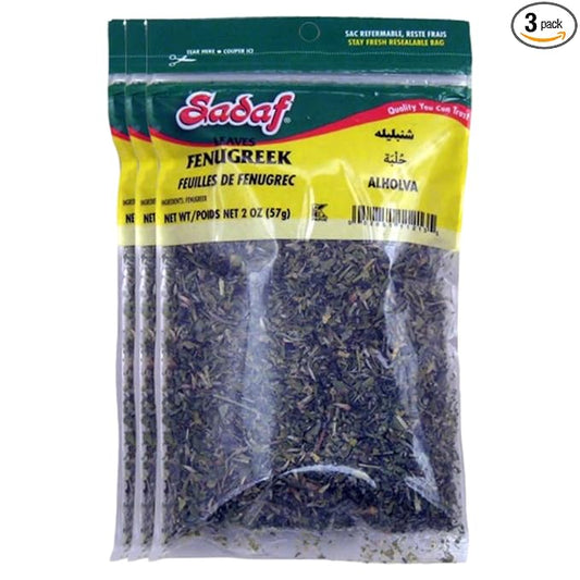 Sadaf Dried Fenugreek Leaves - Kasoori methi leaves- Kosher and Halal - 2 oz bag (Pack of 3)