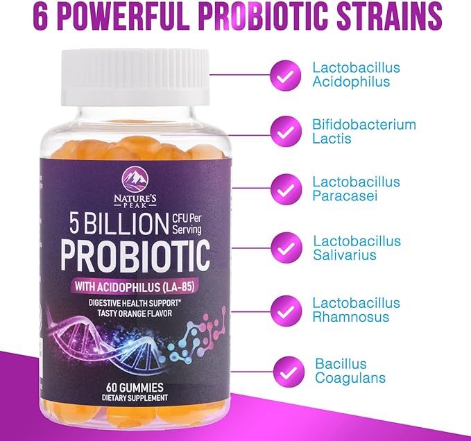 Probiotic Gummies for Women, Men & Teens - 5 Billion CFUs, 6 Probiotic Strains, Orange Flavor - Daily Gummy Probiotics Supplement for Natural Digestive Health, “Good” Gut & Immune Support - 60 Count