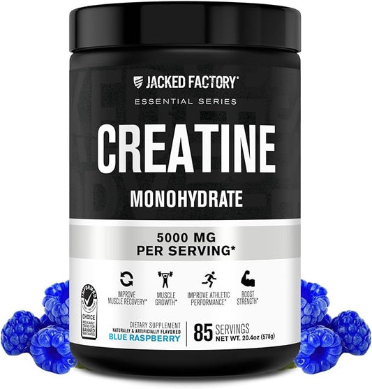 Jacked Factory Flavored Creatine Monohydrate Powder 425g - Creatine Supplement for Muscle Growth, Strength & Performance - 85 Servings, Blue Raspberry