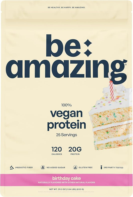 BEAM Be Amazing Vegan Protein Powder | 20g Plant-Based Protein with Prebiotics Fibers | Sugar-and-Gluten-Free Shake Mix, Low Carb, Non-Dairy Funfetti Smoothie | Birthday Cake, 25 Servings