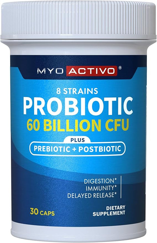 60 Billion CFU Probiotic - Unique Tri-Blend w/ 8 Probiotic Strains, Prebiotics & Postbiotics - for Digestive & Immune Support - Delayed Release - Shelf Stable - Non-GMO, Gluten Free - 30 Ct